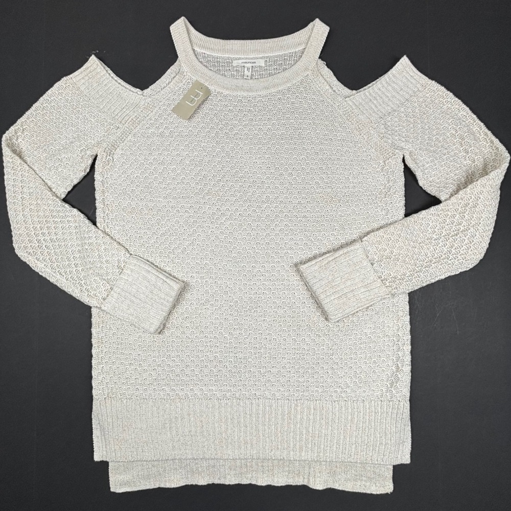 Maurices Cold Shoulder Sweater Cream Sparkly Knit Top Womens Small Glitter NWT